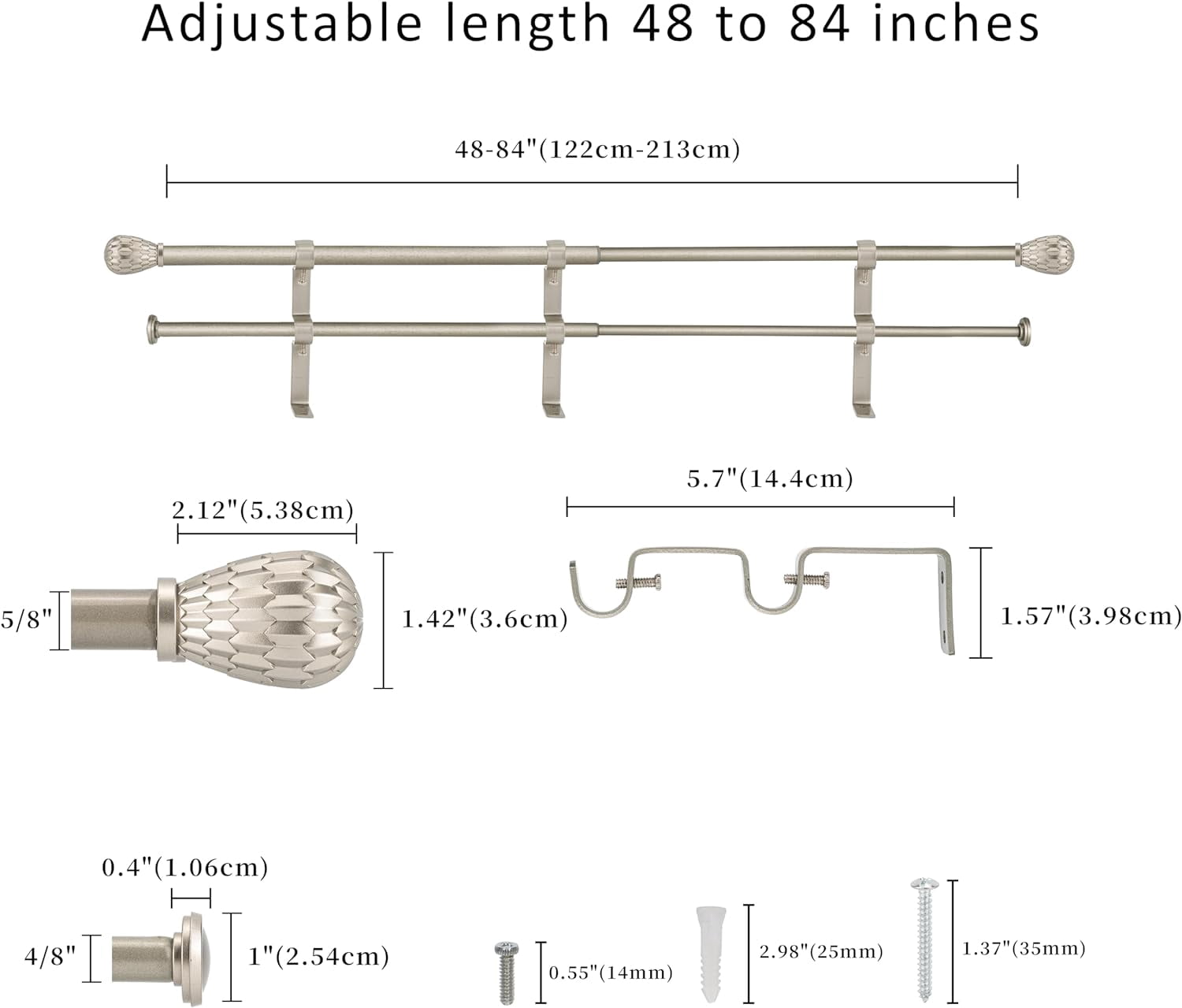 eTeckram 5/8" Double Curtain Rod with Brun Finials,Pewter,48‘’-84‘’