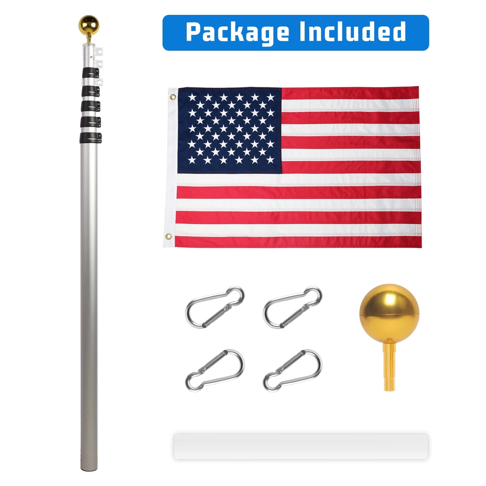 20ft Telescopic Flag Pole - Extra Thick Outdoor Telescoping Poles With 3x5 American For Residential Or Commercial Silver