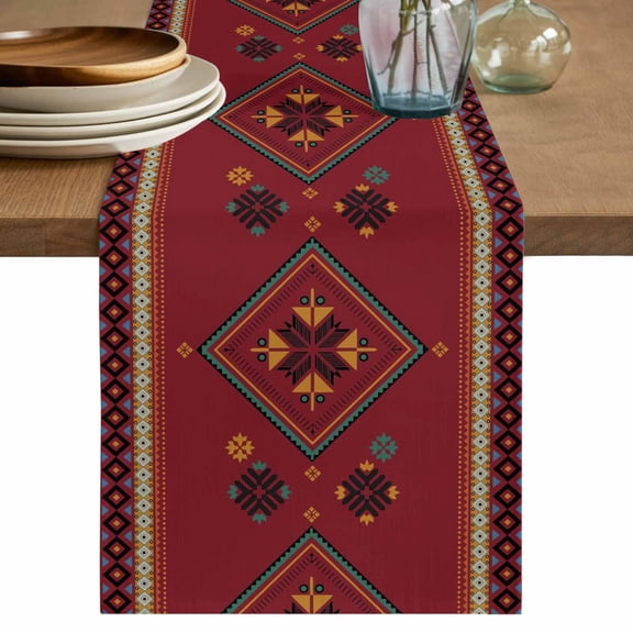 Table Runner 72 Inches Long for Kitchen Dining, Red Dresser Scarf Farmhouse, Dining Table Decorations for Wedding/Parties, Boho Vintage Ethnic Tribe Abstract Art Retro 13 x 72 In