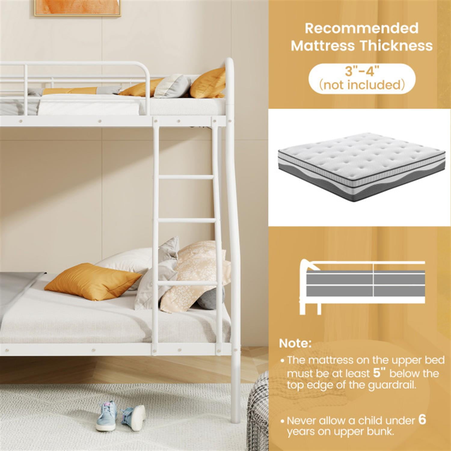 Demi Bonn Twin Over Full Bunk Bed with Ladder and Full-length Guardrails, Metal Bunkbeds for Bedroom, No Box Spring Needed, White