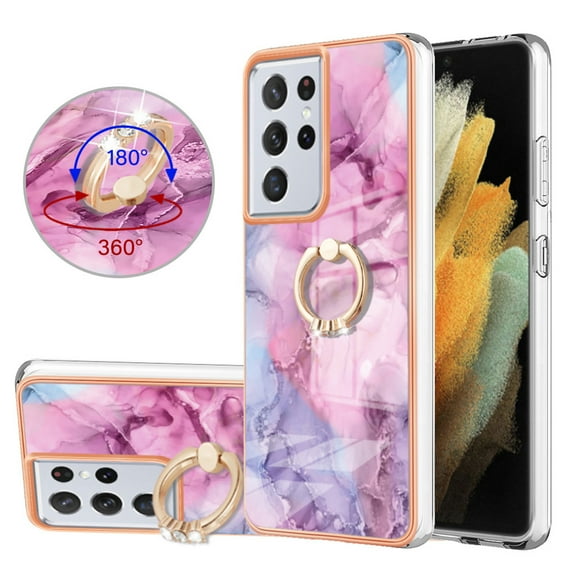 Mantto For Samsung Galaxy S21 Ultra Case,Ring Holder Stand Marble Pattern 3 in 1 Rugged Shockproof Hybrid Hard PC Soft Rubber Bumper Drop Protective Girls Women Boy Men Phone Cases,Pink