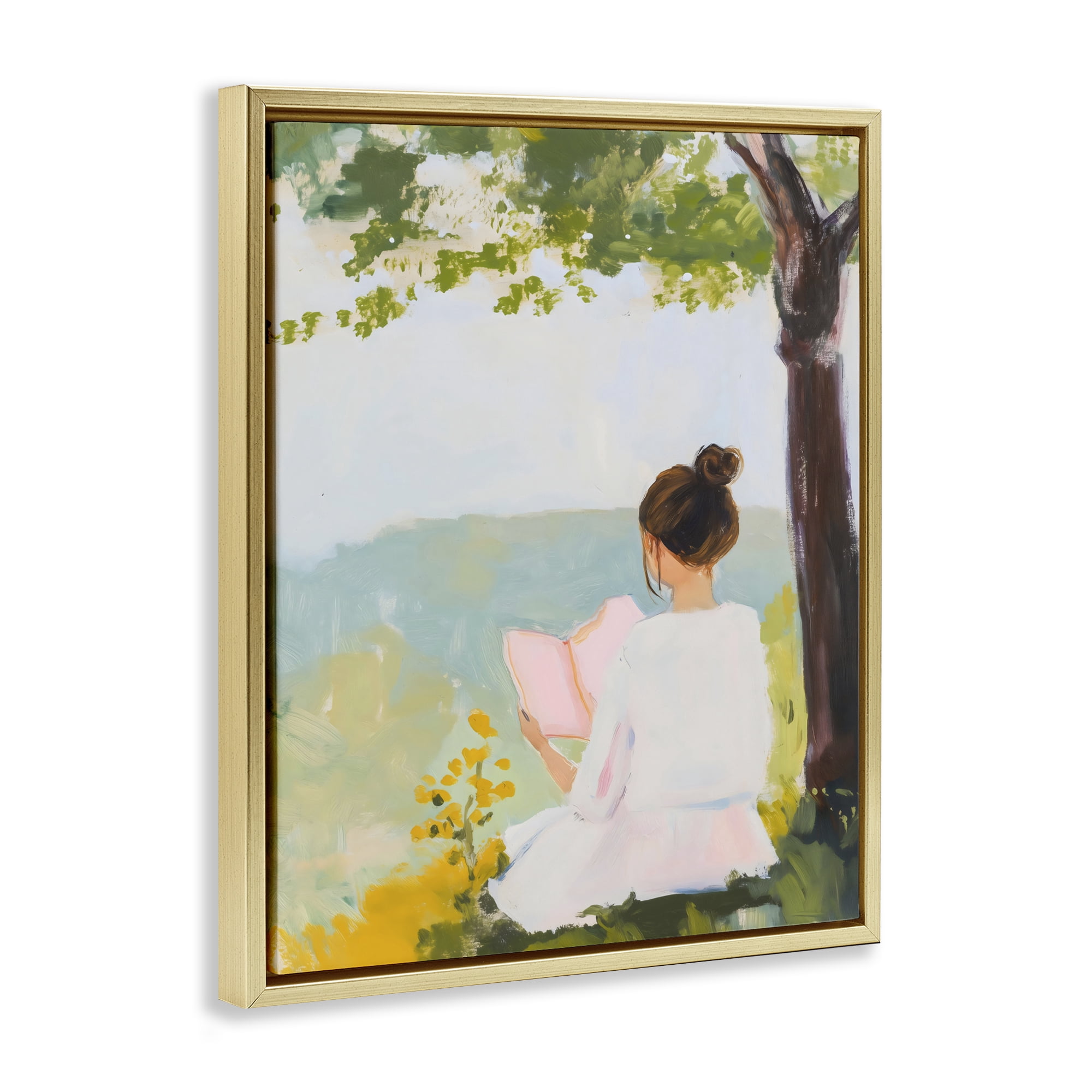 Stupell Industries Girl Reading in Nature Gold Framed Floater Canvas Wall Art, design by The Prints Vibe