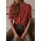 thumbnail image 3 of Blusa PRETTYGARDEN de encaje para mujer, manga corta, marrón y rojo, 3 of 6
