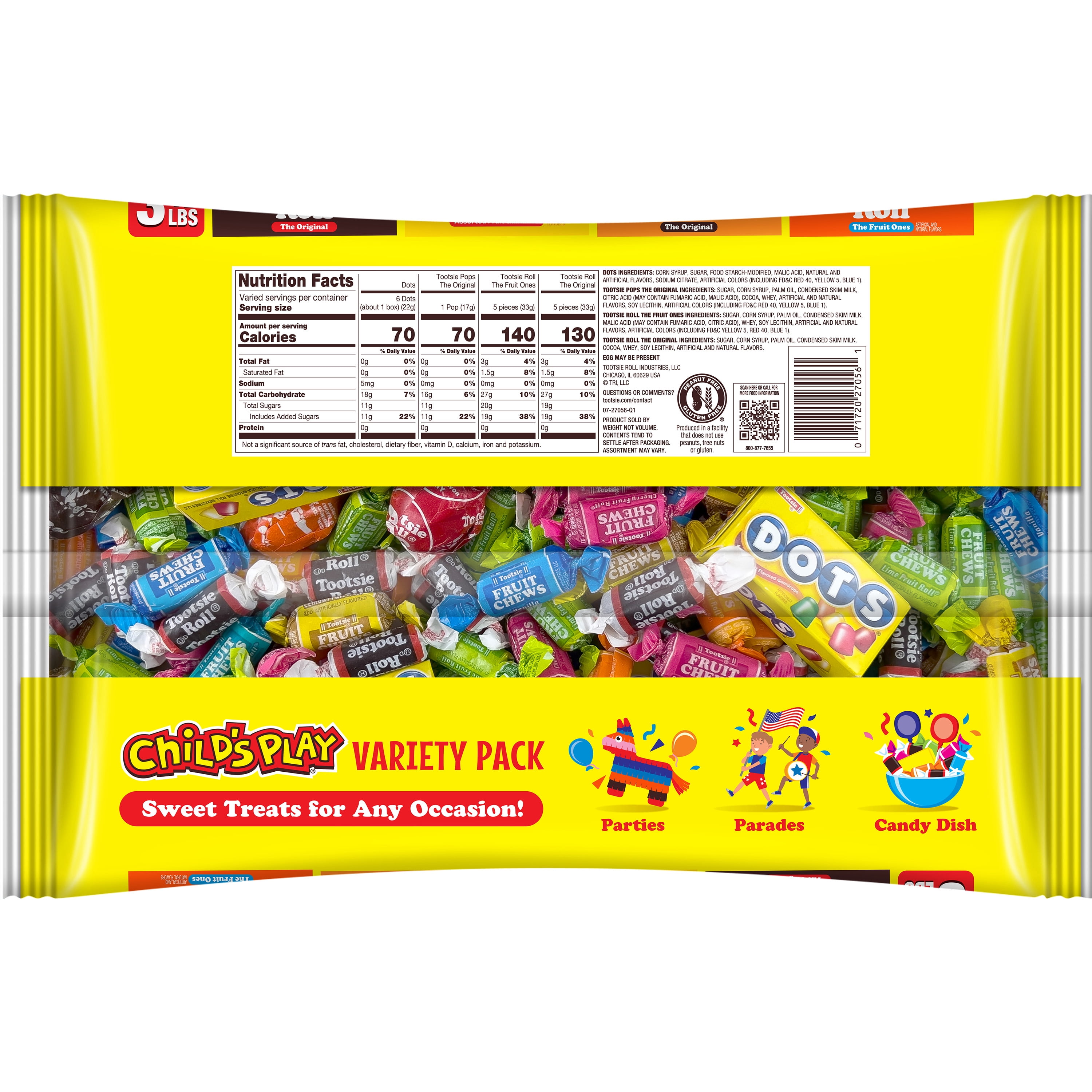 Tootsie Child's Play, Assorted Candy, 56 oz. Individually Wrapped, Peanut Free, Gluten Free, Contains Milk.
