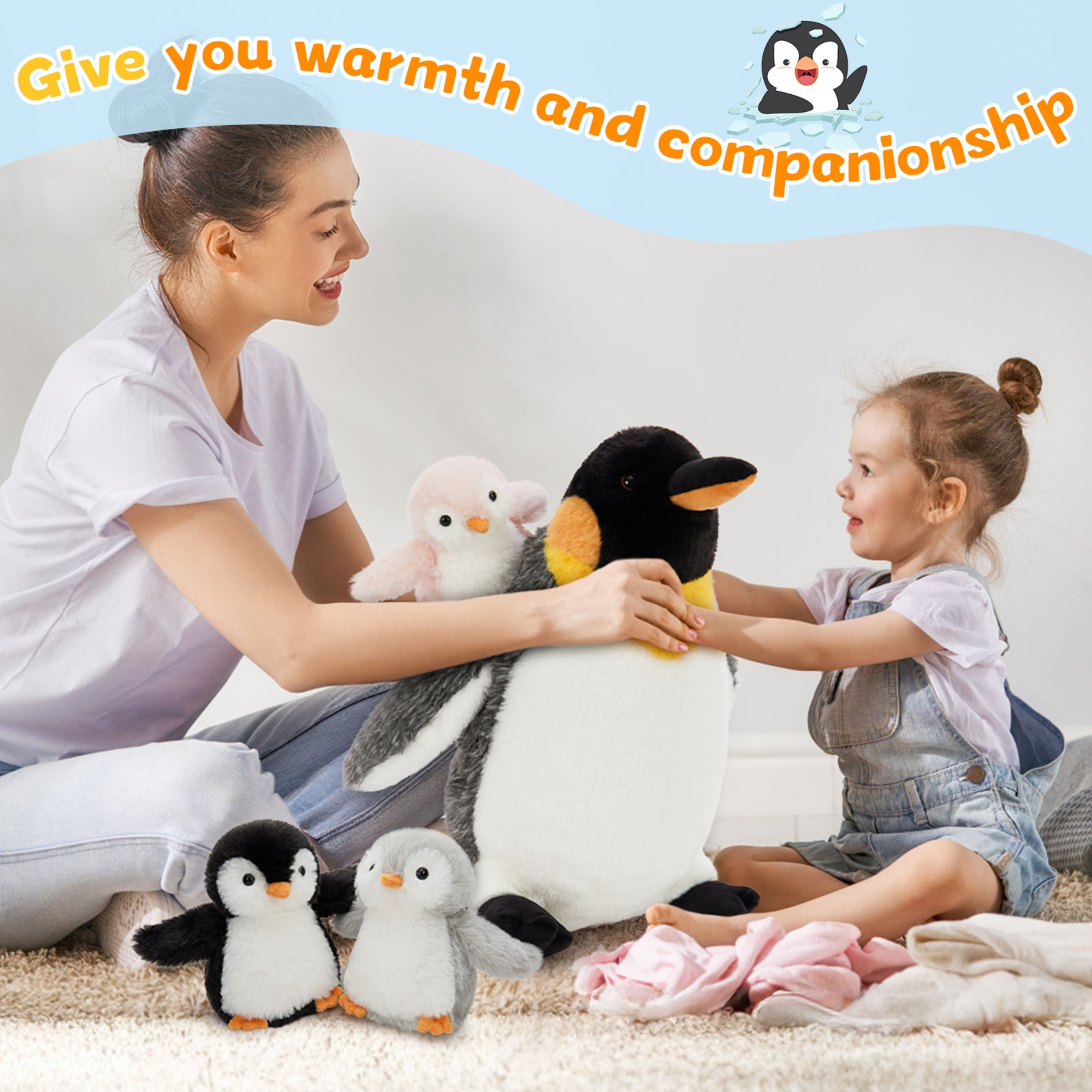 Muiteiur 4 Pieces 14'' Wind Up Penguin Stuffed Animals Mommy Penguin Plush Toy with 3 Babies