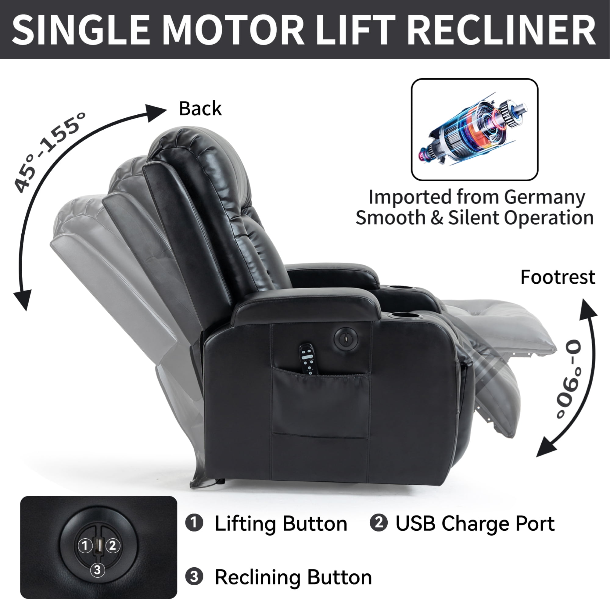 Power Lift Recliner Chair for Elderly,Heavy Duty Infinite Position Recliner Chair with 8-Point Vibration Massage and Lumbar Heating,USB Charging Port, Cup Holders,Black