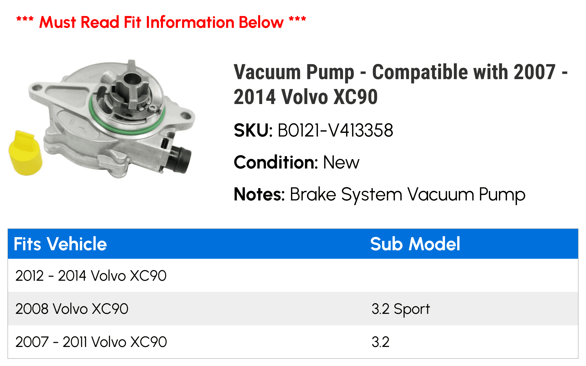 Vacuum Pump - Compatible with 2007 - 2014 Volvo XC90 - Replacement