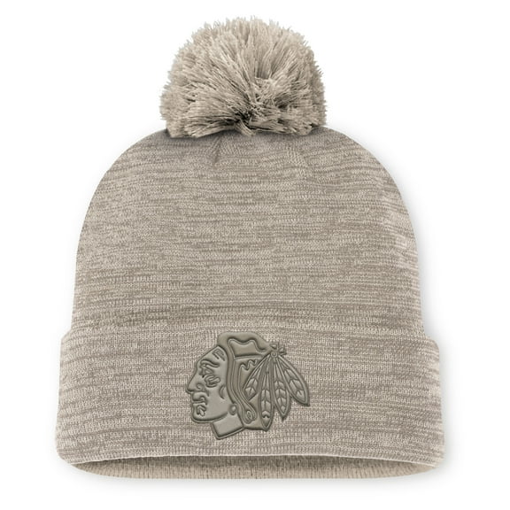 Men's Fanatics Tan Chicago Blackhawks Authentic Pro Road Cuffed Knit Hat with Pom