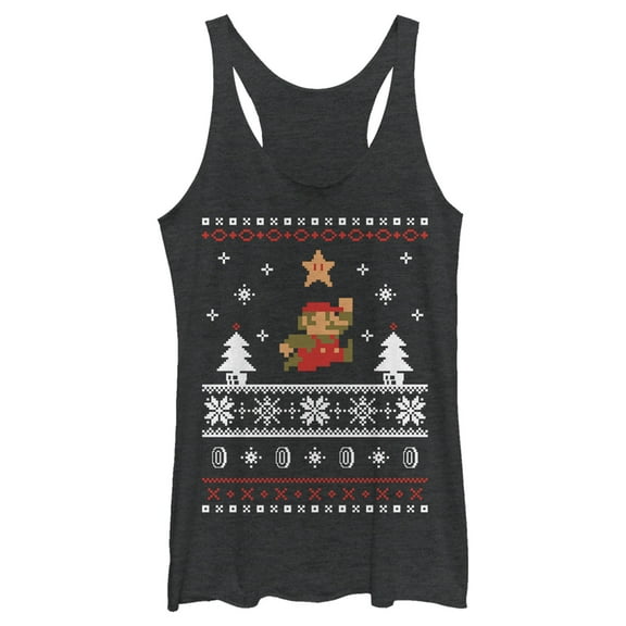 Women's Nintendo Mario Ugly Christmas Sweater Racerback Tank Top Black Heather X Large