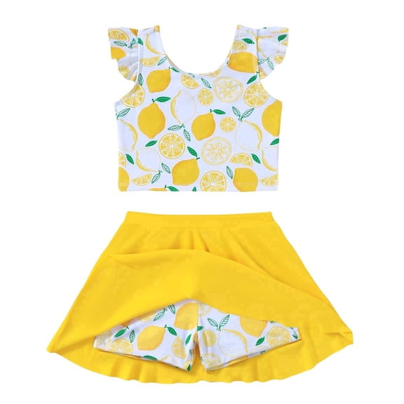 Kucnuzki 5T Little Girl Swimsuit Set 6T Child Gilrs Bathing Suit Ruffle Lemon Top Swimming Skirt with Shorts 2pcs Bikini Set Summer Beach Breathable Tankini Set Yellow