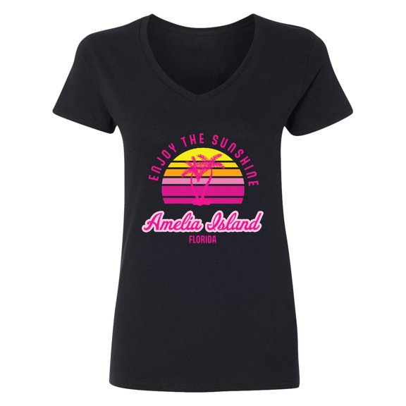 Inktastic Summer Enjoy the Sunshine Amelia Island Florida in Pink Women's V-Neck T-Shirt