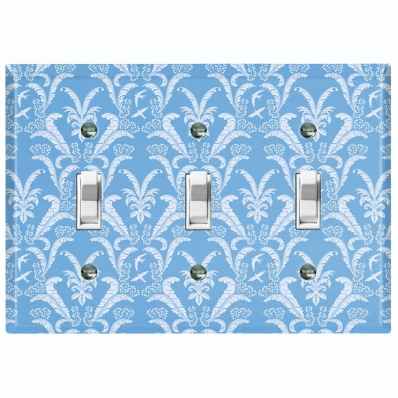 Metal Light Switch Plate Outlet Cover (Victorian Damask Flower Feather Blue Pattern - Triple Toggle)