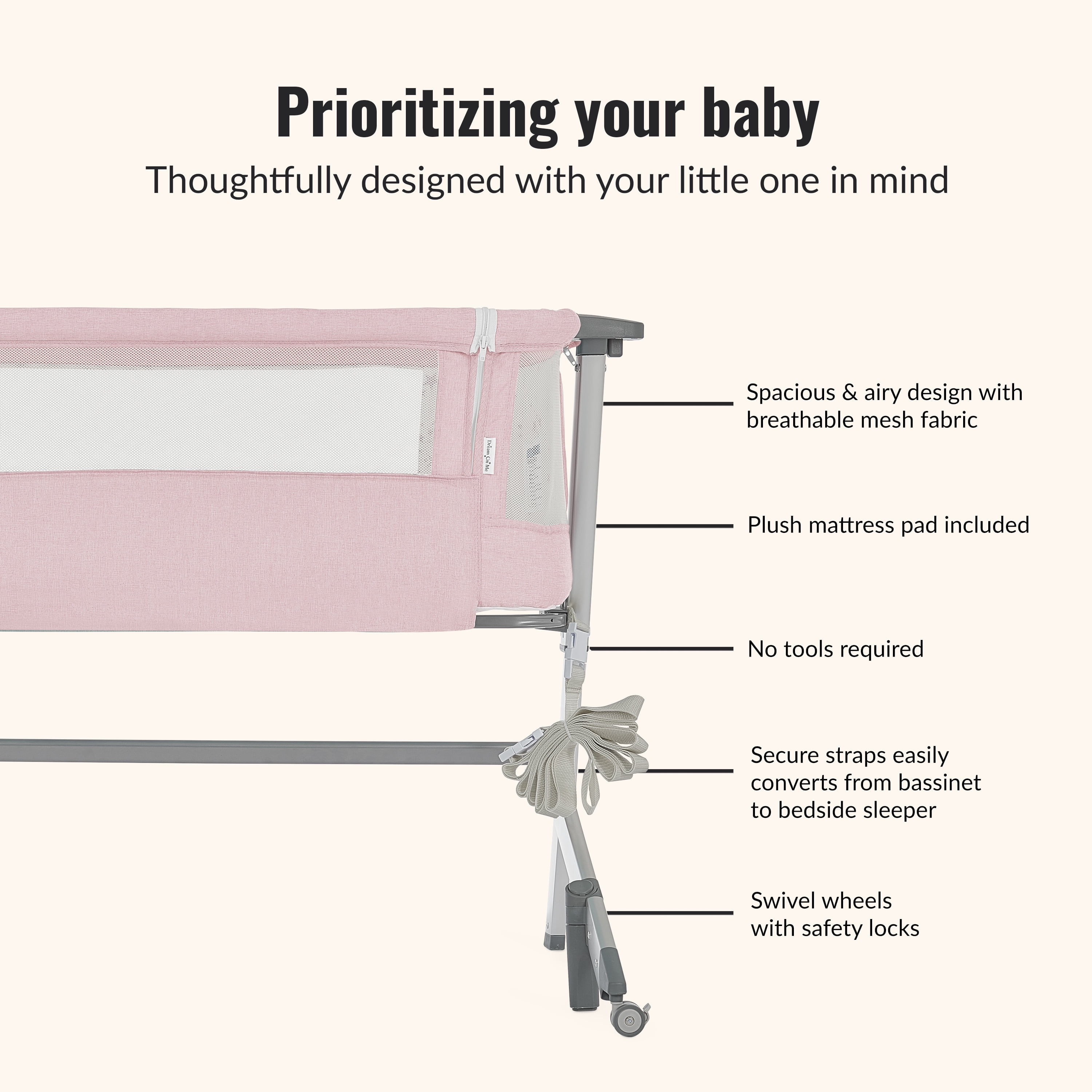 Dream On Me Skylar Bassinet and Bedside Sleeper in Pink, Lightweight and Portable Baby Bassinet