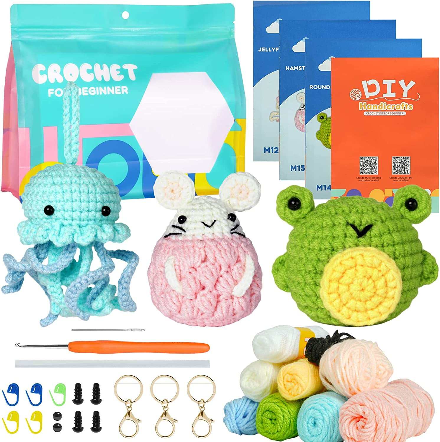 Beginner Crochet Kit, 3 Pcs Animals Crochet Knitting Crafts Kits for Kids and Adults, Size: 8.98 x 1.50 x 5.67