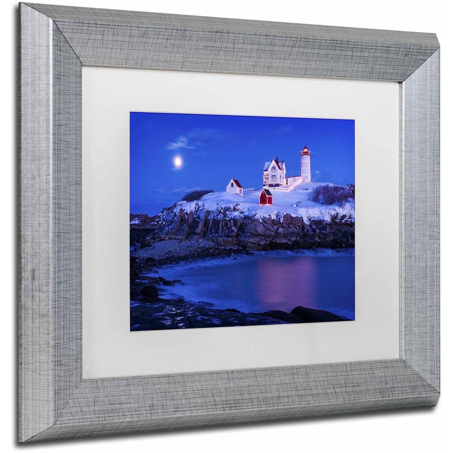 Trademark Fine Art 'Christmas at Nubble' Canvas Art by Michael Blanchette Photography, White Matte, Silver Frame