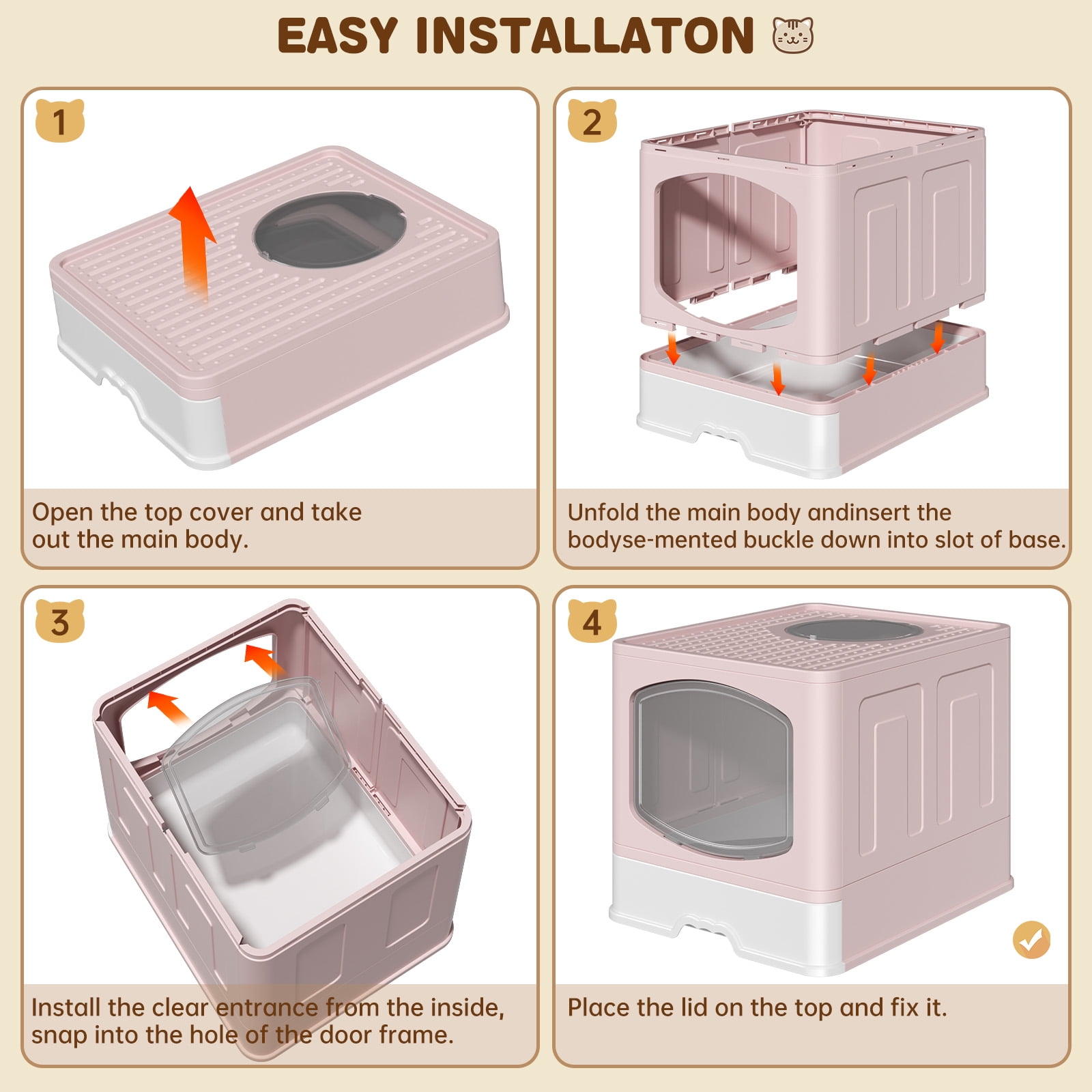 Cshidworld Large Foldable Cat Litter Box with Scoop, Front Entry Top Exit Cat Litter Pan with Lid, Enclosed Anti-Splashing Kitty Litter Box, Drawer Type Cat Litter Easy Cleaning and Scoop, Pink