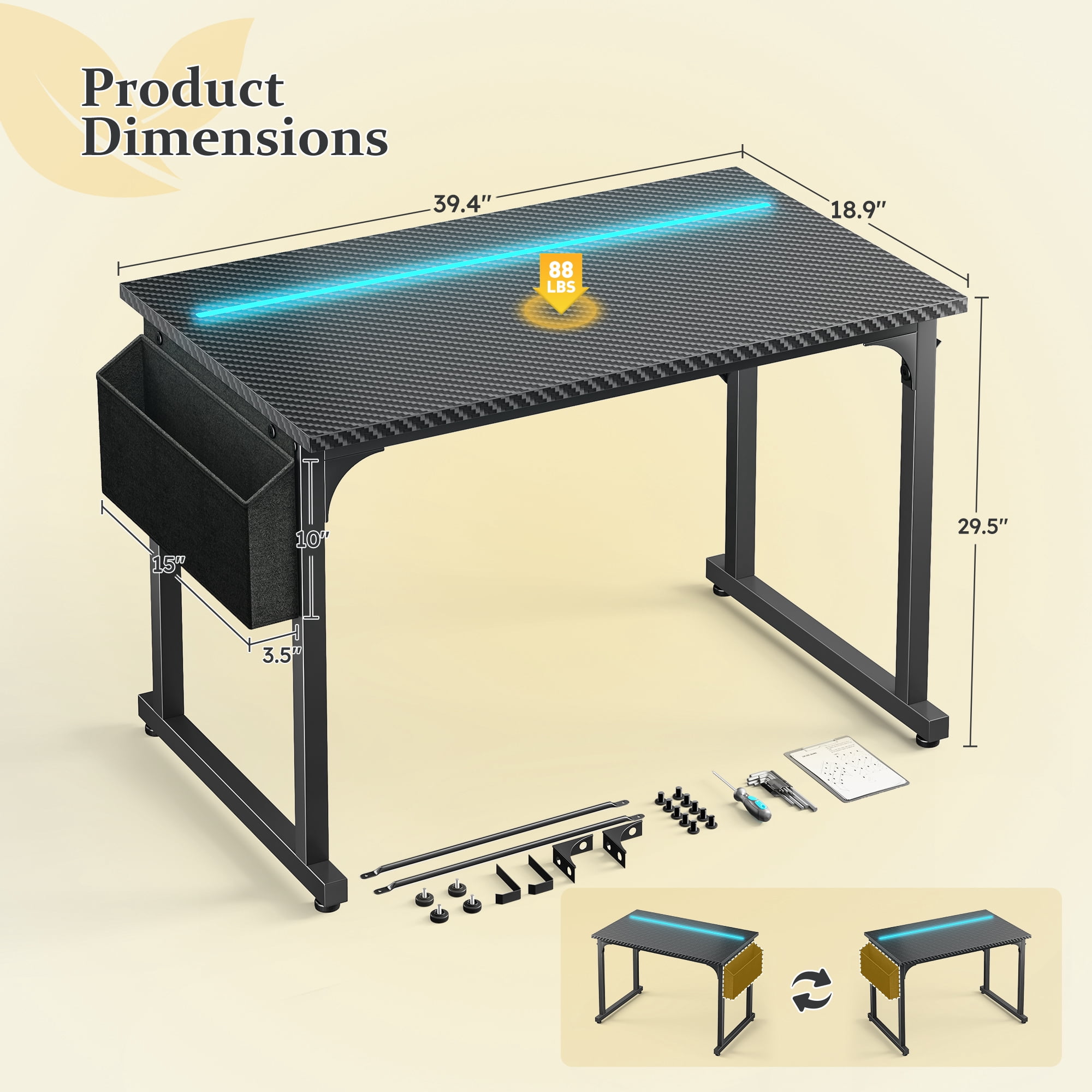 Romorgniz 39.4 inch LED RGB Gaming Desk, Sturdy Large Computer Workstation with 2 Headphone Hooks & Side Storage Bag, Home Office Desk, Black