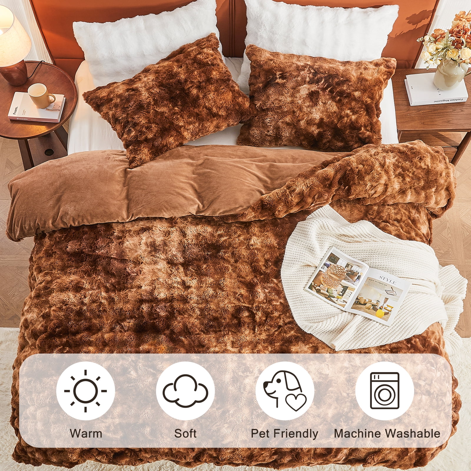 EMME Faux Fur Duvet Cover Queen Size, 3 Pieces Ultra Soft Fluffy Comforter Cover, Cozy Warm for Winter, Luxury Shaggy Bubble Bedding Sets , 1 Duvet Cover & 2 Pillow Shams (Queen, Tie Dye Brown))