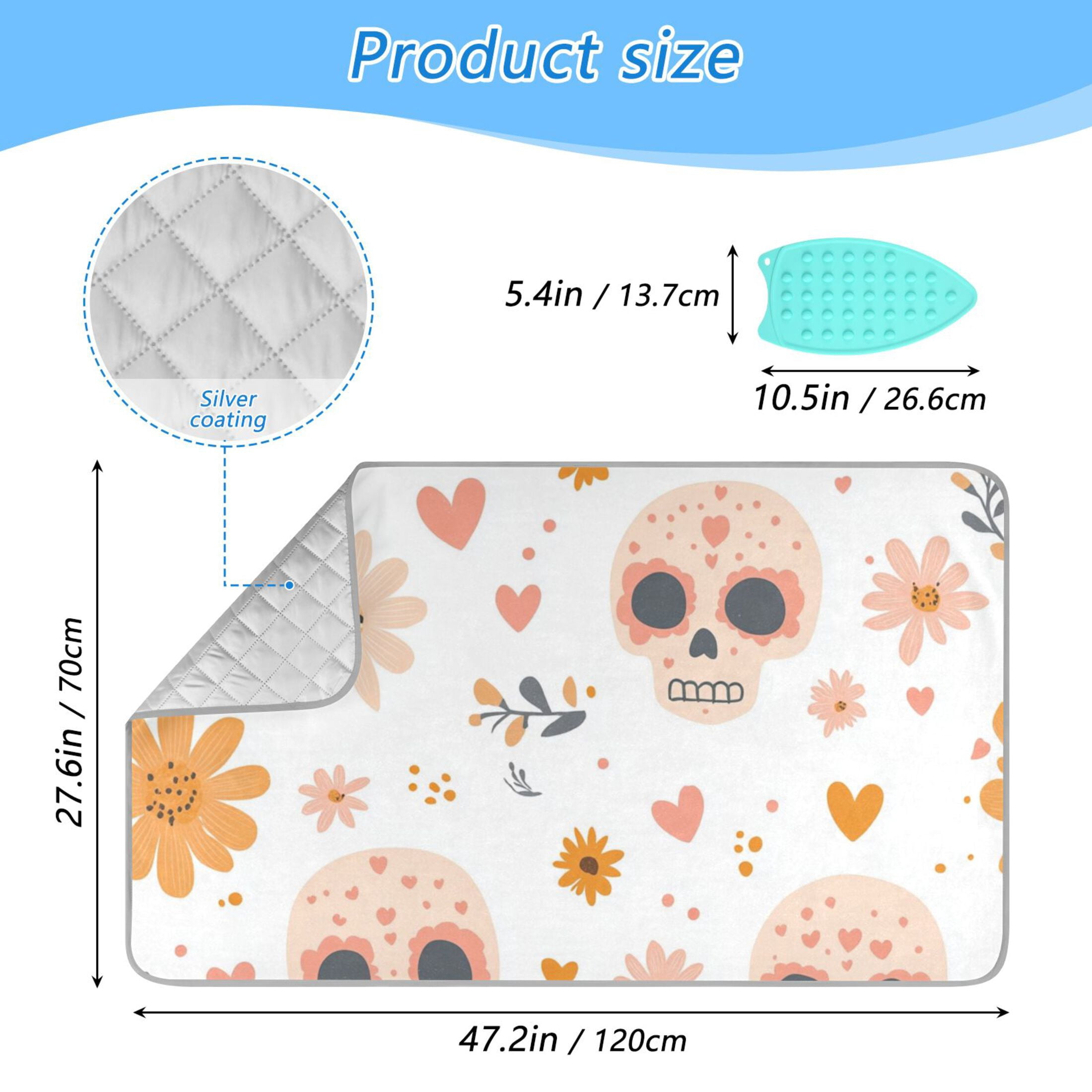 Orange Flowers Skulls Hearts Valentine Ironing Mat Blanket Portable Travel Ironing Pad Heat Resistant Pad 47.2" x 27.6”