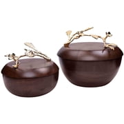 The Milli Collection Small Acacia Wood Bowl with Lid Gold Finished Brass Branch Handle with Leaves and Flowers Ideal for Storing and Serving Dishes for Everyday Use Perfect for Gifting
