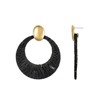 Time and Tru Woven Raffia and Goldtone Earring, Black, 1 Pair