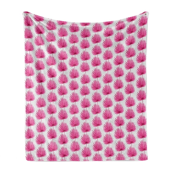 Pink and White Soft Flannel Fleece Throw Blanket, Botanical Hawaii Jungle Pattern with Palm Leaves Exotic Rainforest, Cozy Plush for Indoor and Outdoor Use, 50" x 70", Magenta and White, by Ambesonne