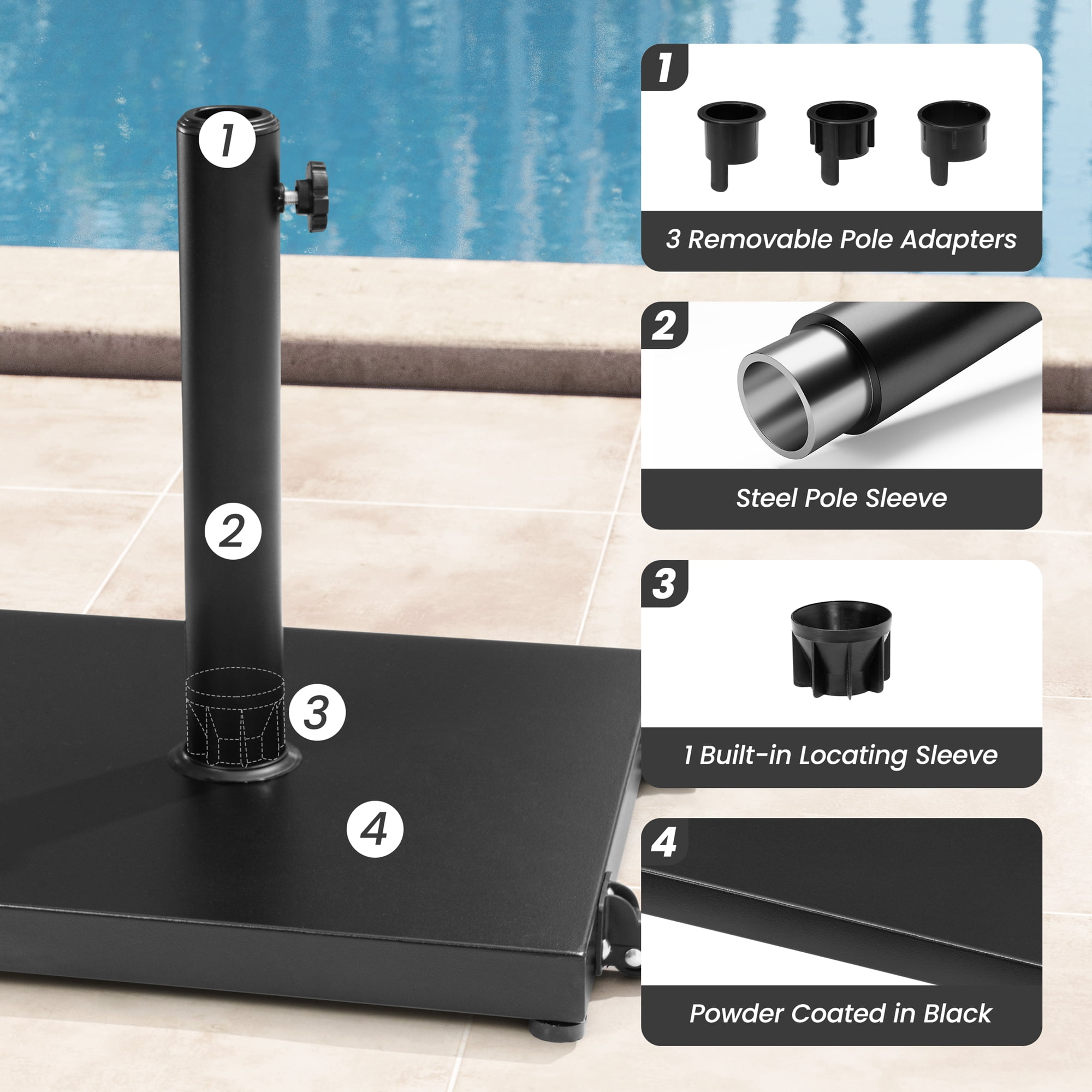Crestlive Products Outdoor Umbrella Base, 43 lbs Square Concrete Umbrella Stand with 2 Wheels, Black