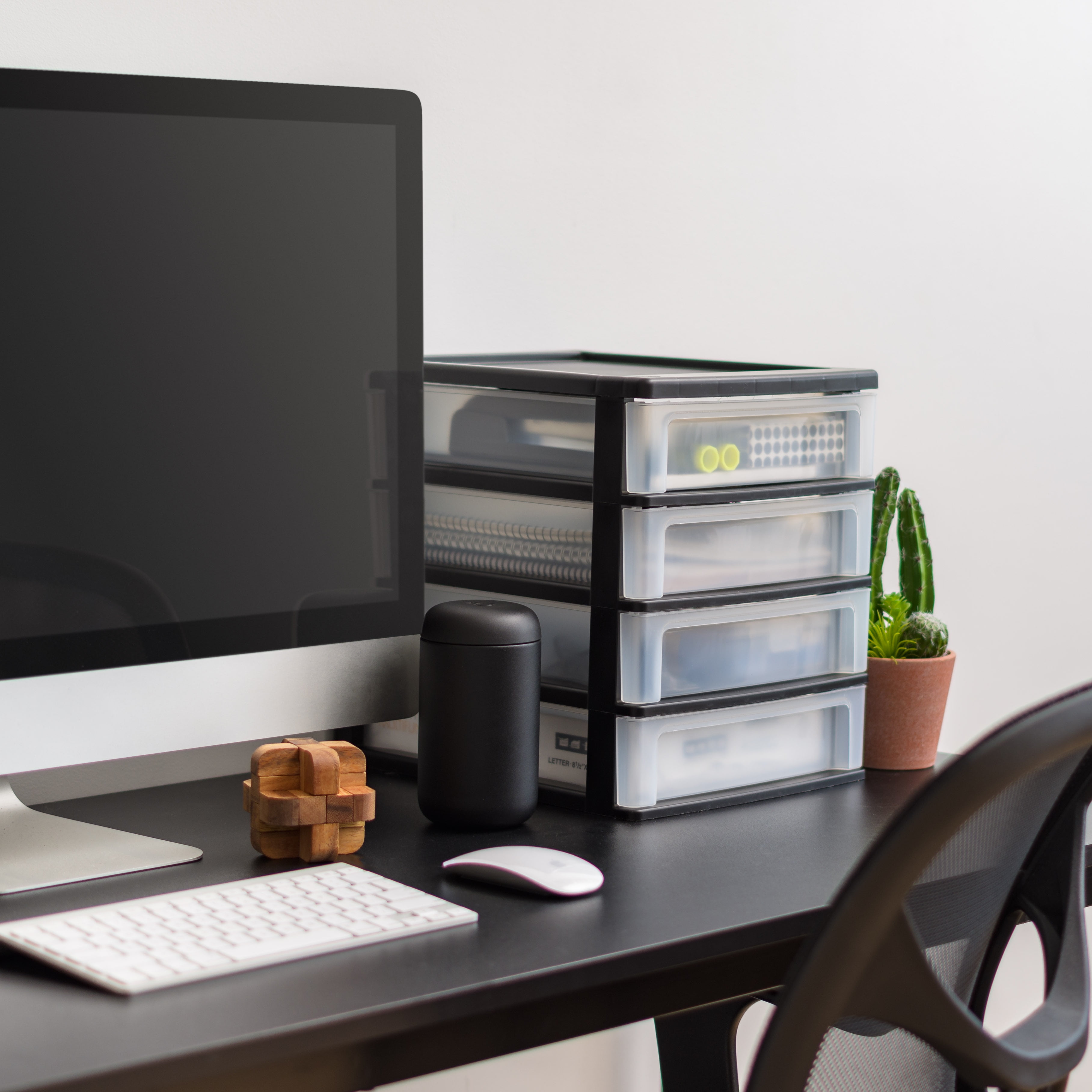 IRIS Medium 4-Drawer Compact Desktop Organizer, Stacking Desktop Unit, Black-Clear, Single Pk