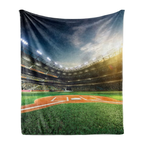 Sports Soft Flannel Fleece Throw Blanket, Game Thirll Concept Digitally Generated Stadium Arena with Lots of Audience Image, Cozy Plush for Indoor and Outdoor Use, 70" x 90", Multicolor, by Ambesonne