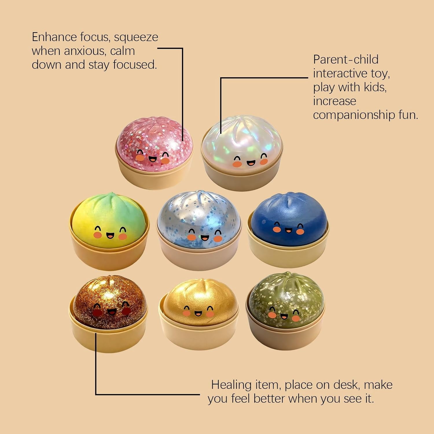 Esterze Dumpling Squishy, Glitter Dumpling Stress Relief Charms, Soft Decompression Squeeze Dough, Cute Steamed Bun