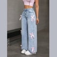 thumbnail image 5 of Butt Lifting Jeans Baggy Jeans for Teen Girls, Woman Cute Bow Jeans High Waist Wide Leg Loose Straight Denim Pants Casual Streetwear Light Blue L, 5 of 5