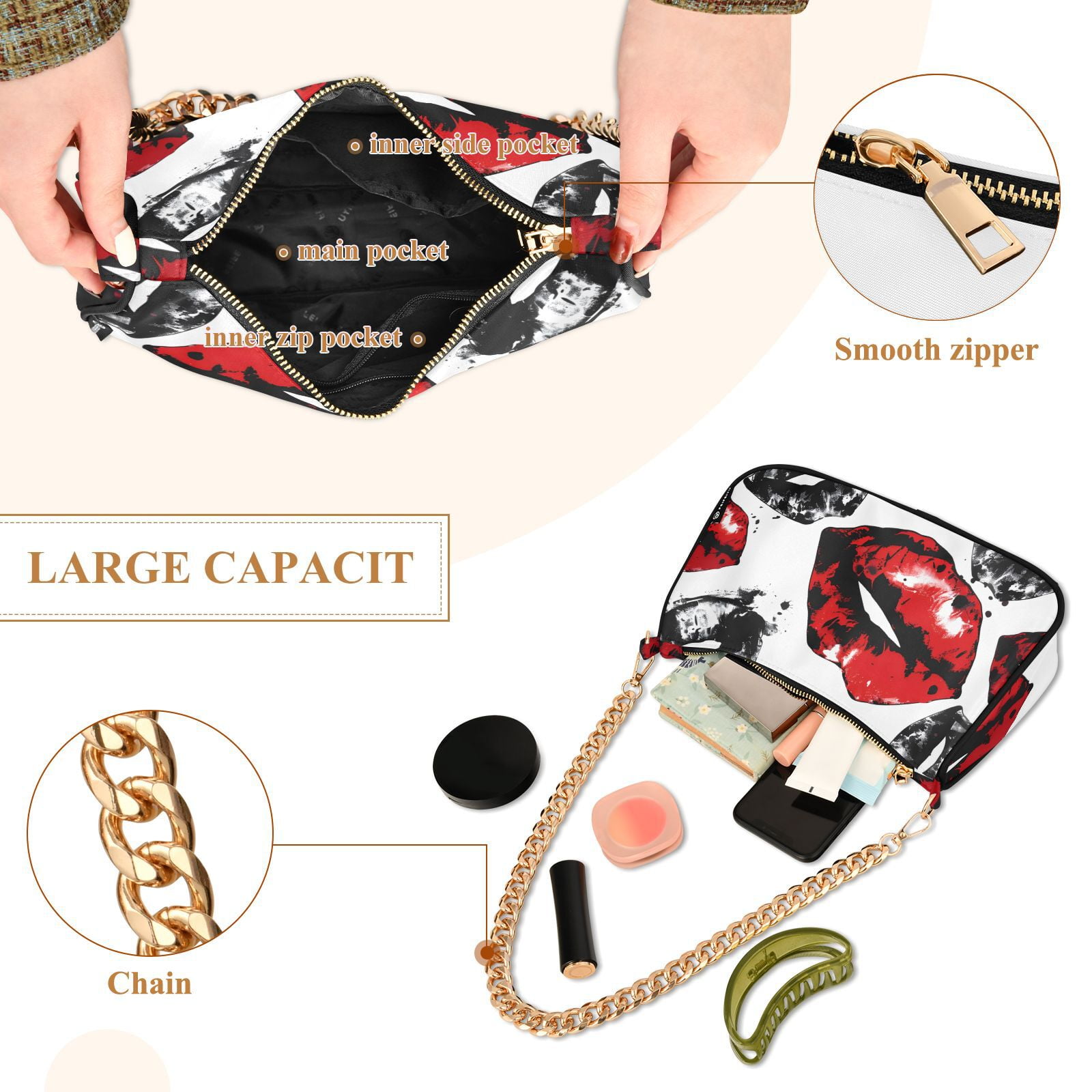 LipsWomen Small Shoulder Bag Crossbody Tote Hobo Bags Purse Clutch Handbags with Chain Strap for Women