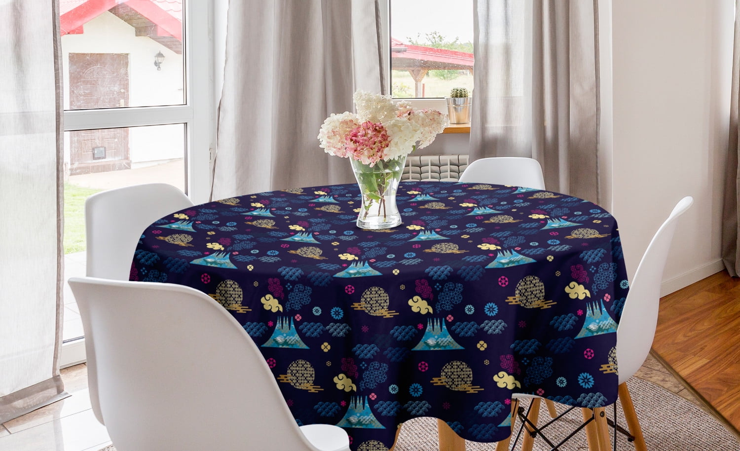 Asian Round Tablecloth, Japanese Pattern of Surreal Mountains or Clouds