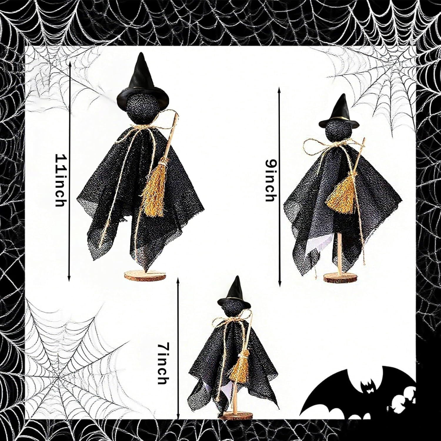 Primitive Halloween Ghost Set with Wizard Hats on Wooden Stands for Rustic Home Decor