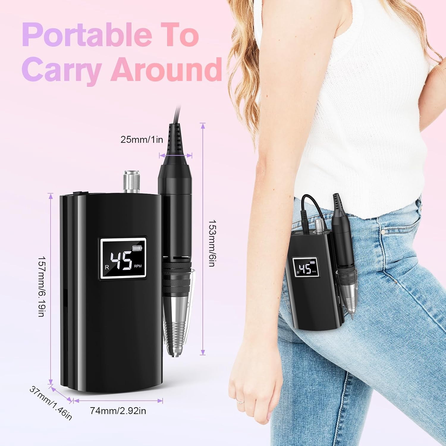 COSITTE 45,000 RPM Portable Electric Nail Drills, LCD Display, Acrylic and Gel Remover, Hand and Foot Care - Black