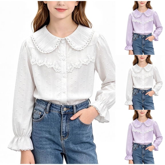 ITSAME Girls Button Up Shirt Lapel Lace Trim Cotton Ruffle Long Sleeve School Uniform Casual Fashion Tops Purple Size 10