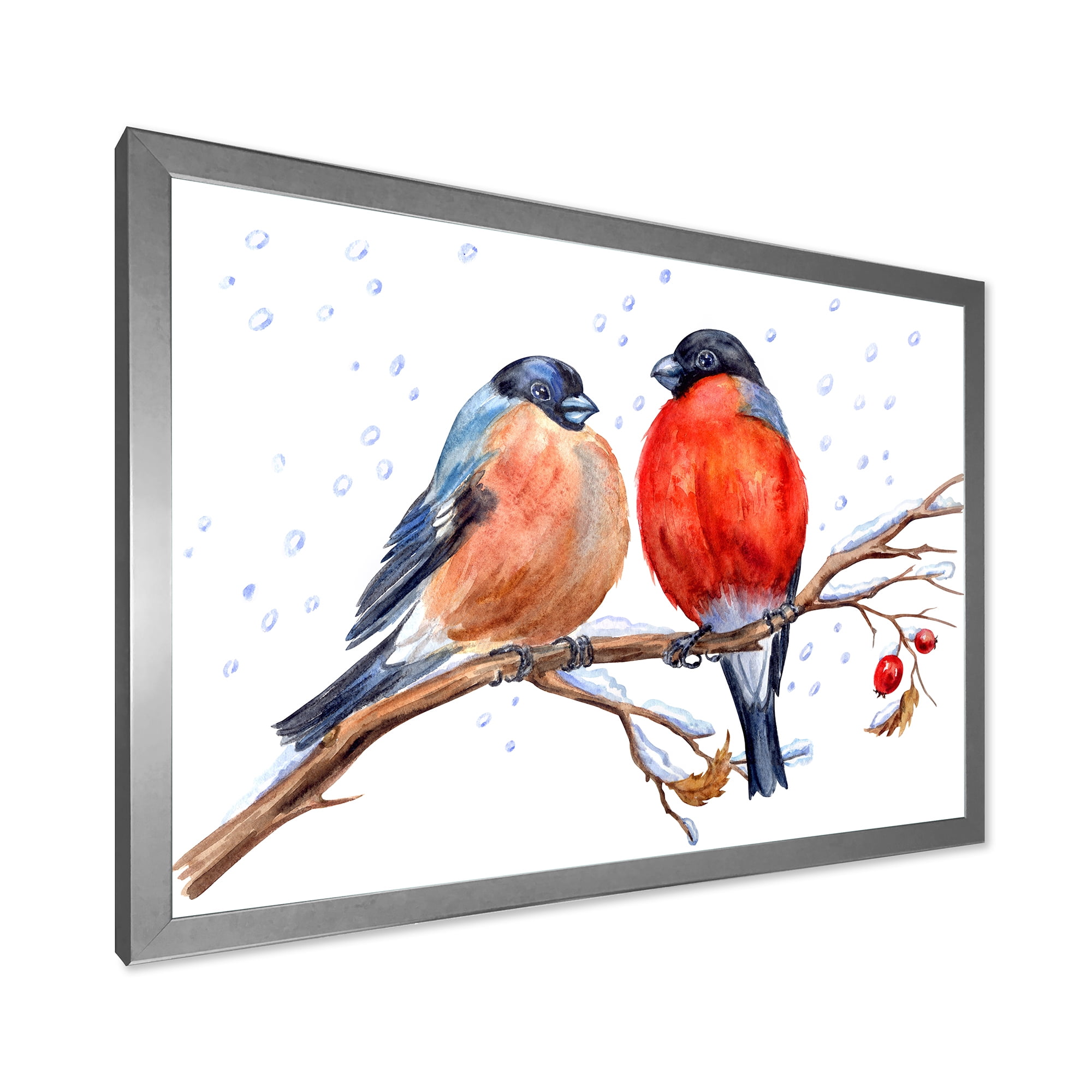 Designart 'Two Bullfinches On A Hawthorn Branch with Snowfall In Winter' Traditional Framed Art Print
