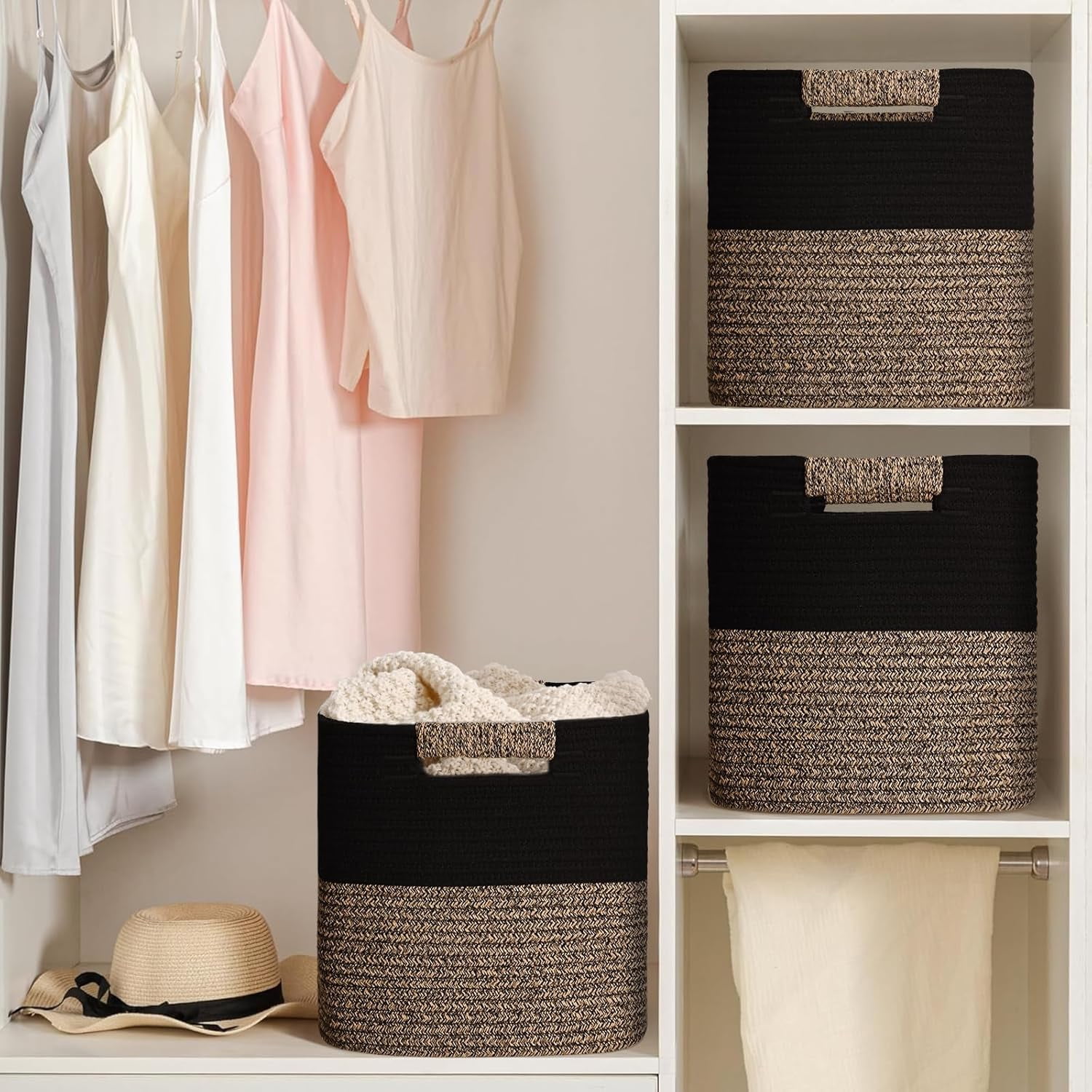 Natubeau 3 Pack Woven Storage Basket for Shelves, Cube Storage Bins, Cotton Rope Woven Baskets for Organizing, 11 Inch, Black