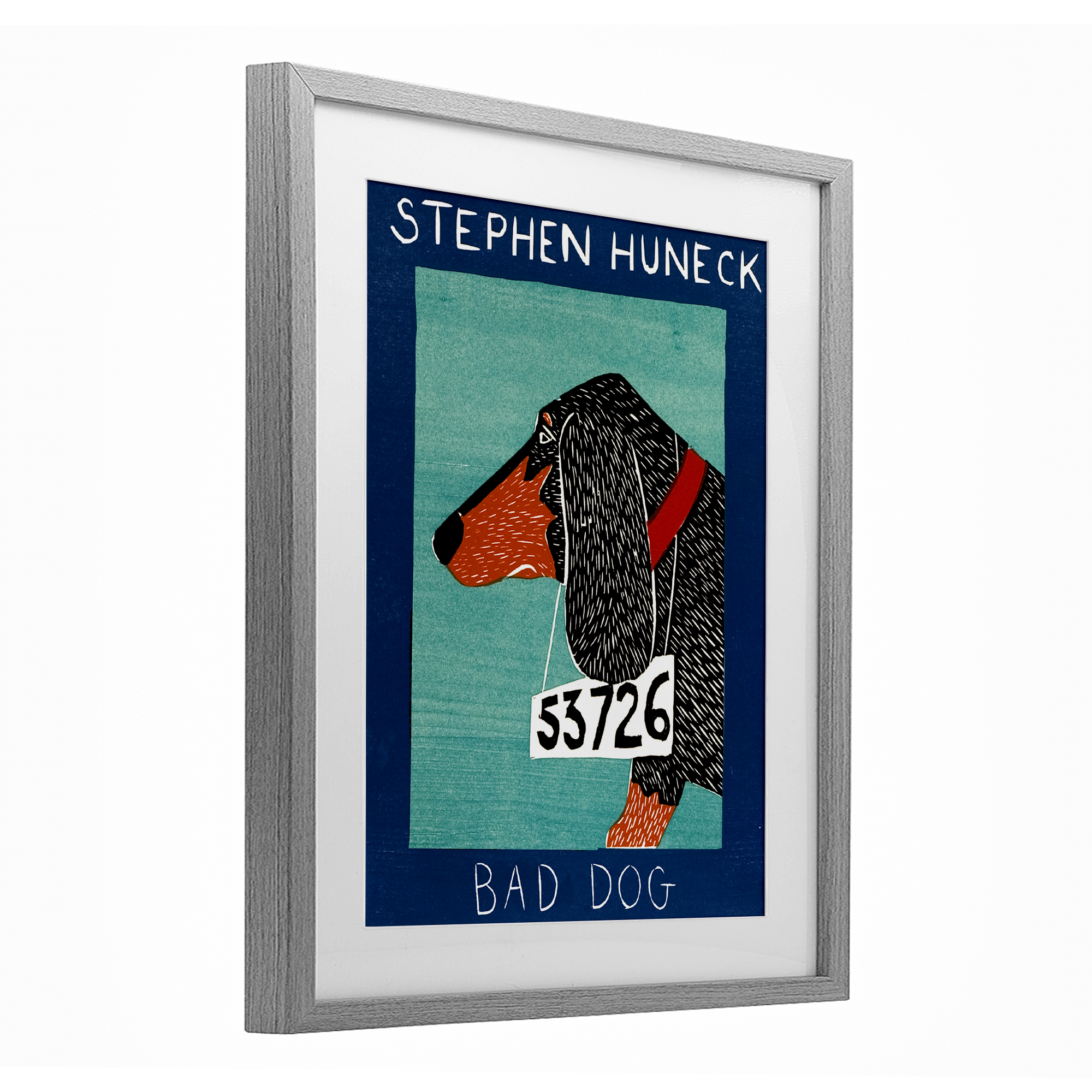 Bad Dog Dachshund Gray Framed Print Under Glass, design by Stephen Huneck