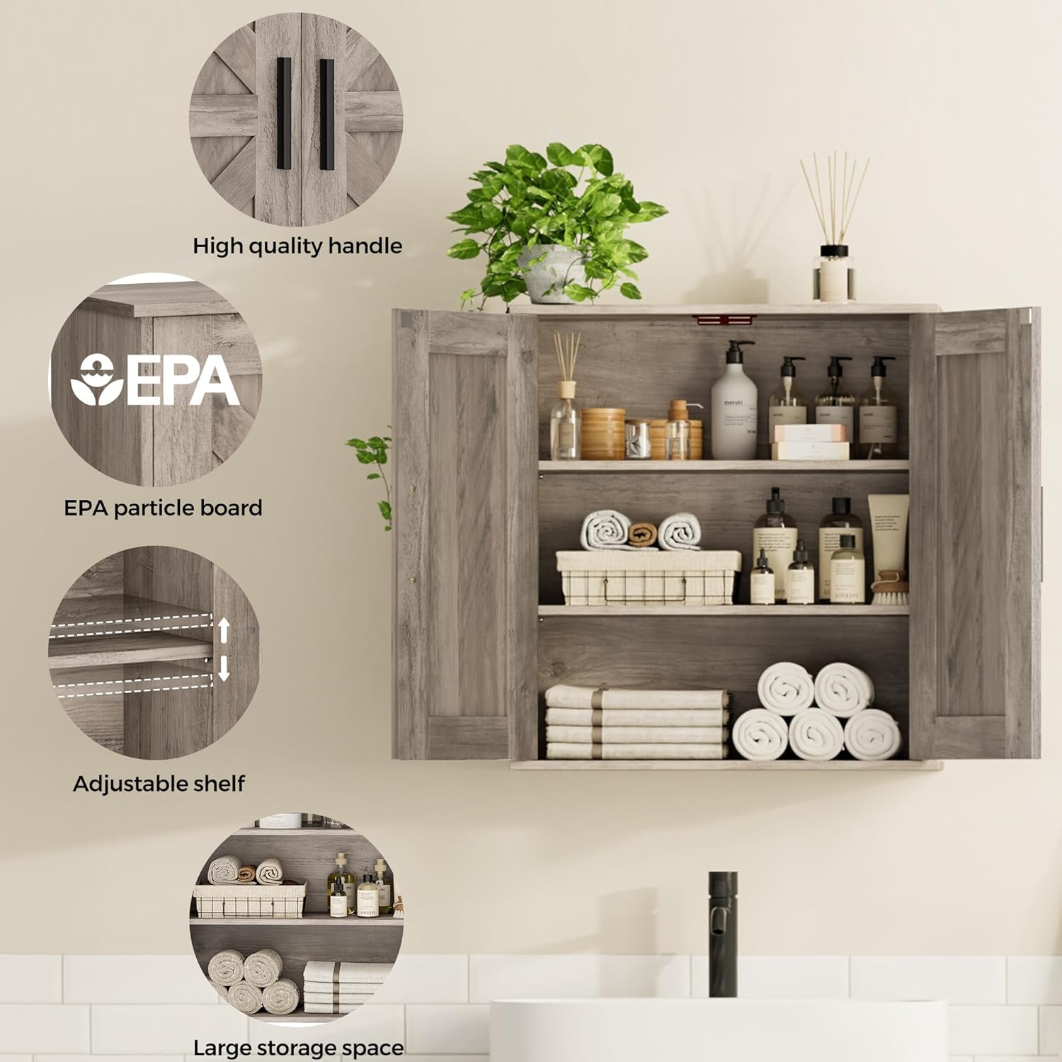 Bathroom Wall Cabinet, Over Toilet Storage Cabinet with Barn Doors and Adjustable Shelves, 3-Tier Medicine Cabinet Wall Mounted, for Bathroom, Kitchen, Entryway, Laundry Room, Greige, (7.9" D)