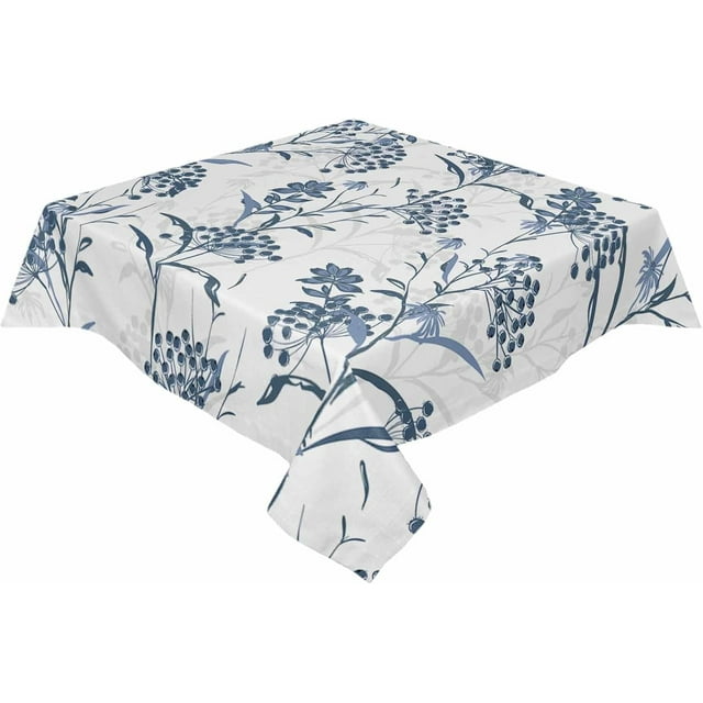 Vintage Floral Plant Tablecloth Rectangle Round Table Cloth 60x60 Inch, Blue Indoor or Outdoor Tablecloth, Spring Summer Waterproof Polyester Washable Table Cover for Party Holiday Picnic Decoration
