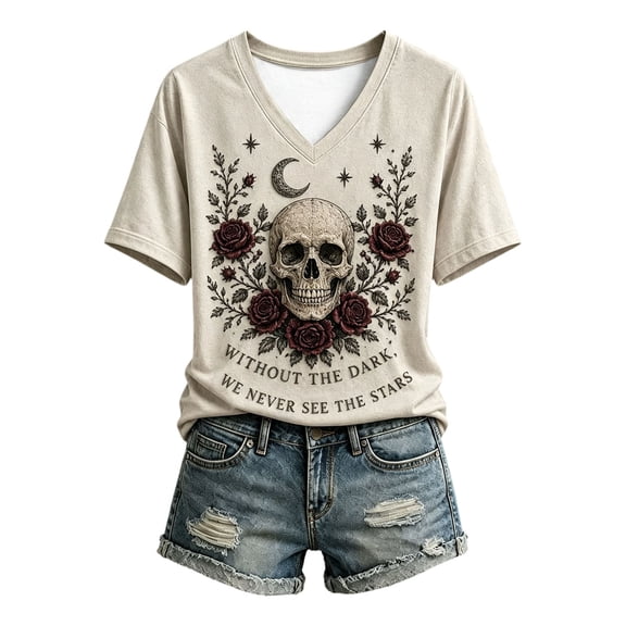 IWRICH Gothic Skull Skeleton T-Shirt for Women Halloween V-Neck Short Sleeve Loose Fit Tee Funny Casual Graphic Tees