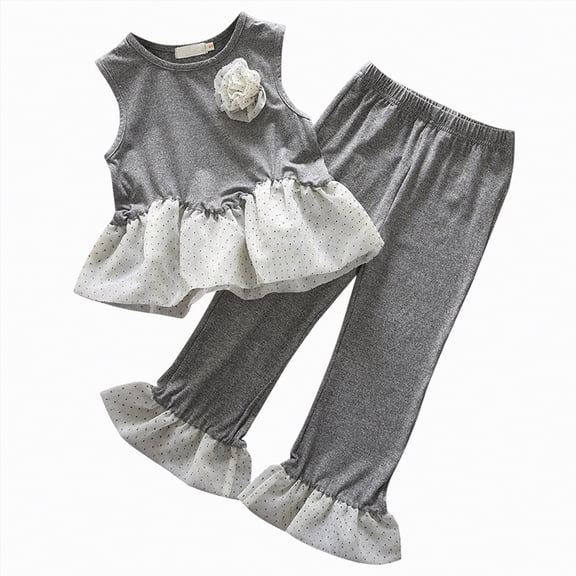 TOWED22 Toddler Infant Baby Girl Clothes Sleeveless Lace Crop Tops High Waist Long Pants 2pcs Summer Set(Grey,3-4 Y)
