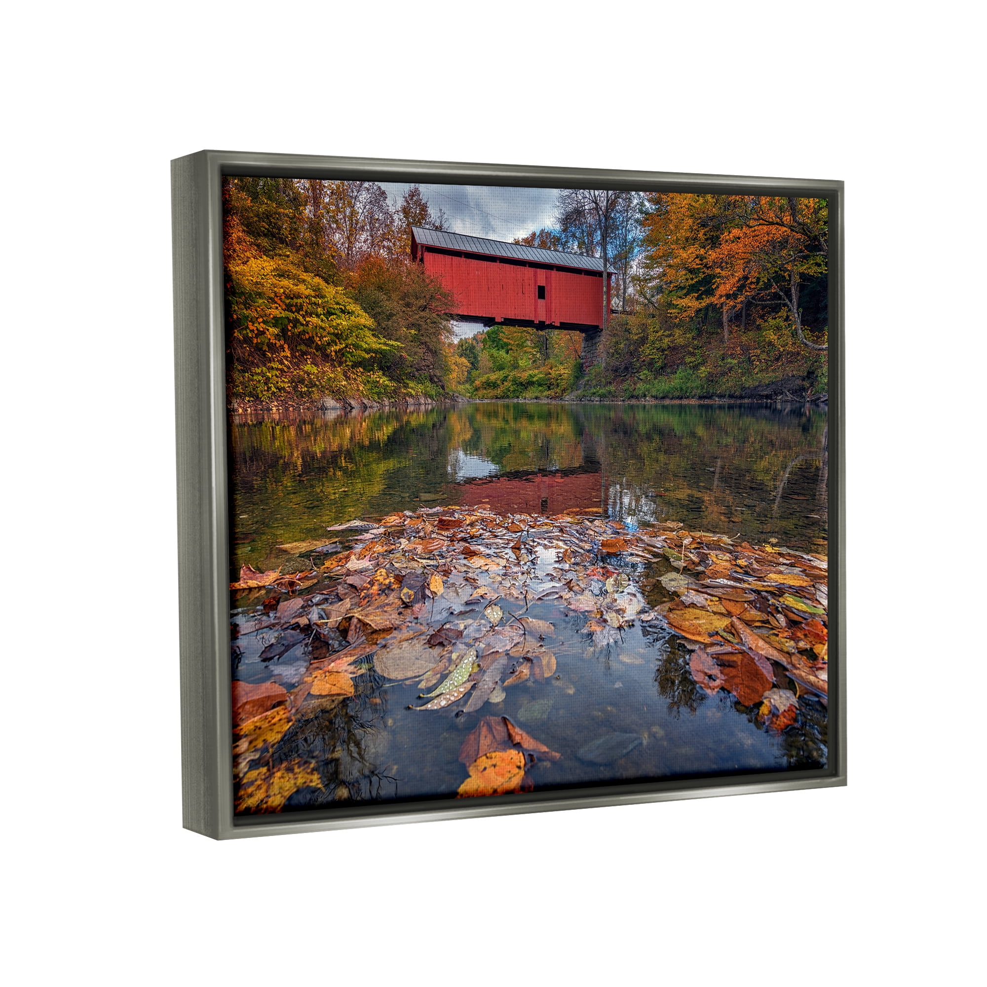 Stupell Autumnal Foliage River Bridge Landscape Photography Gray Floater Framed Art Print Wall Art