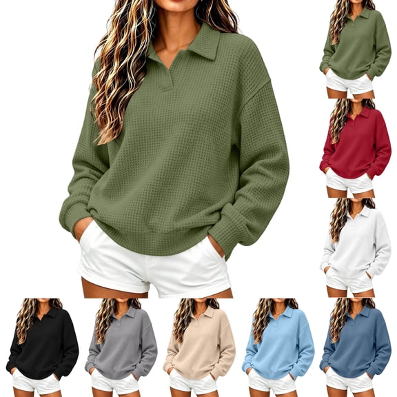 Women's Collared Sweatshirts,Long Sleeve Loose Casual Knit Solid Pullover Tops,Vacation Travel Outfit