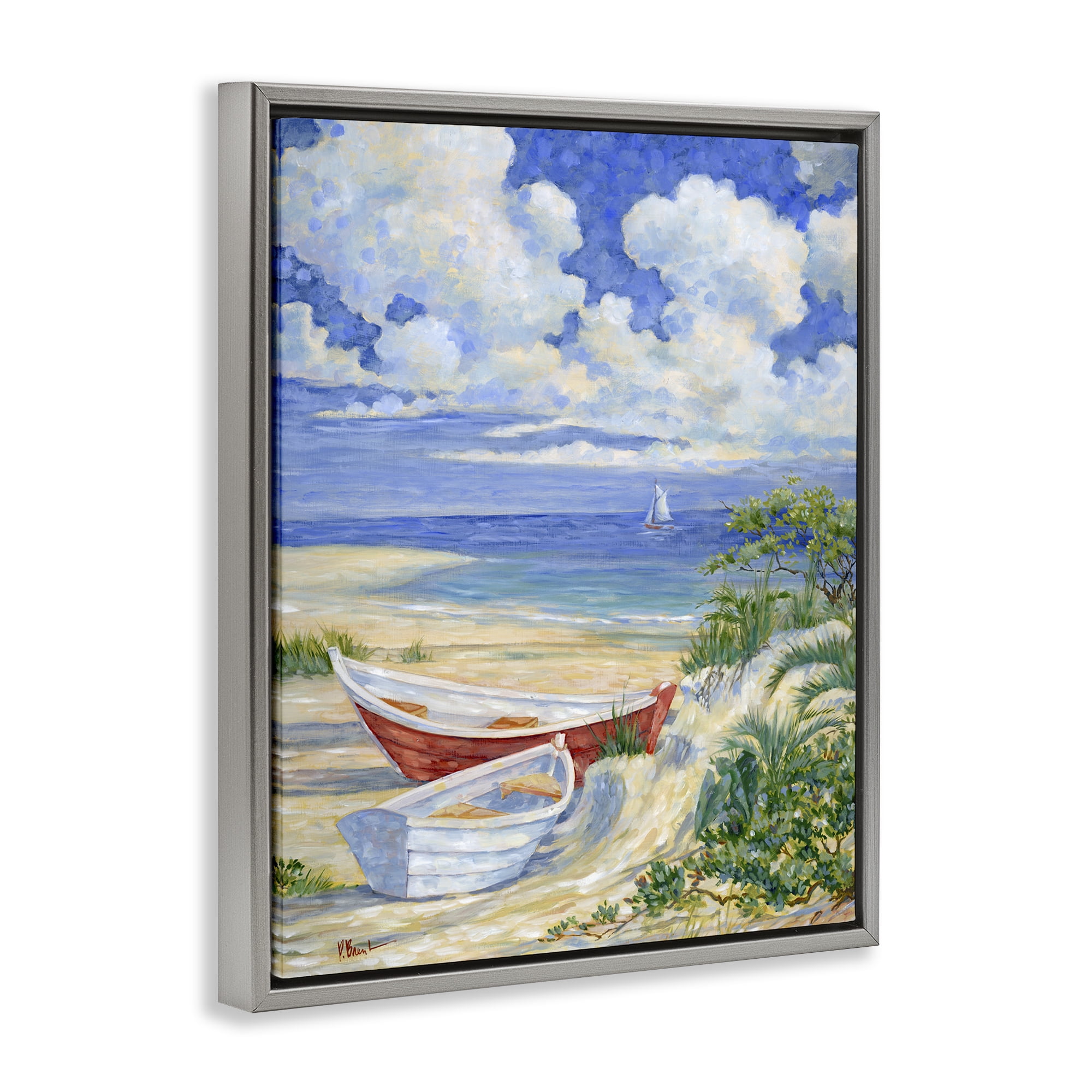 Stupell Industries Two Boats on Sand Transportation Painting Gray Floater Framed Canvas Art Print Wall Art, 25 x 31