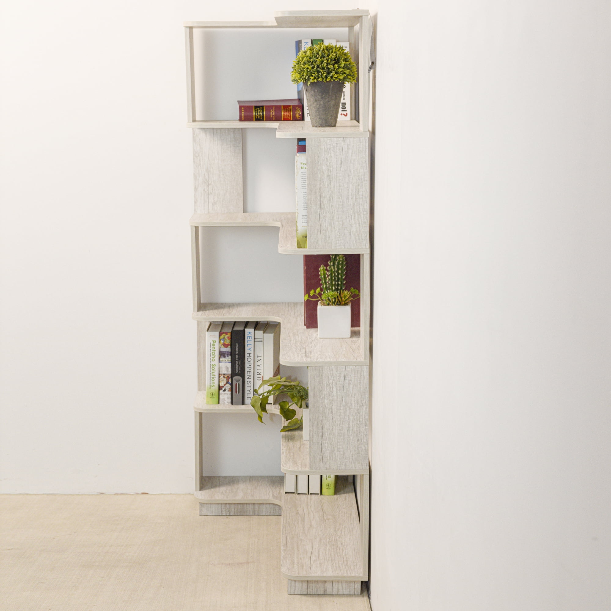 Leumius 5 Tier Freestanding L-Shaped Corner Bookshelf,Wooden Bookcase with Anti-drop Panel and Anti Tipping Device, Display shelf Open Storage,Light Gray