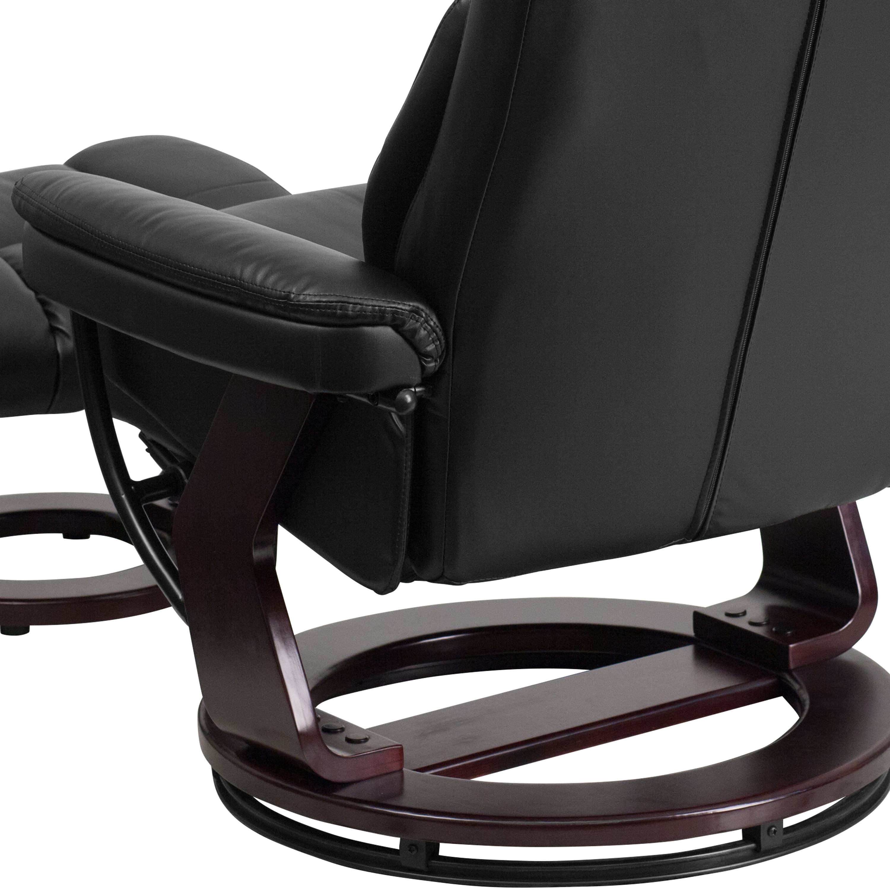 Emma + Oliver Multi-Position Recliner/Curved Ottoman - Swivel Wood Base in Black LeatherSoft