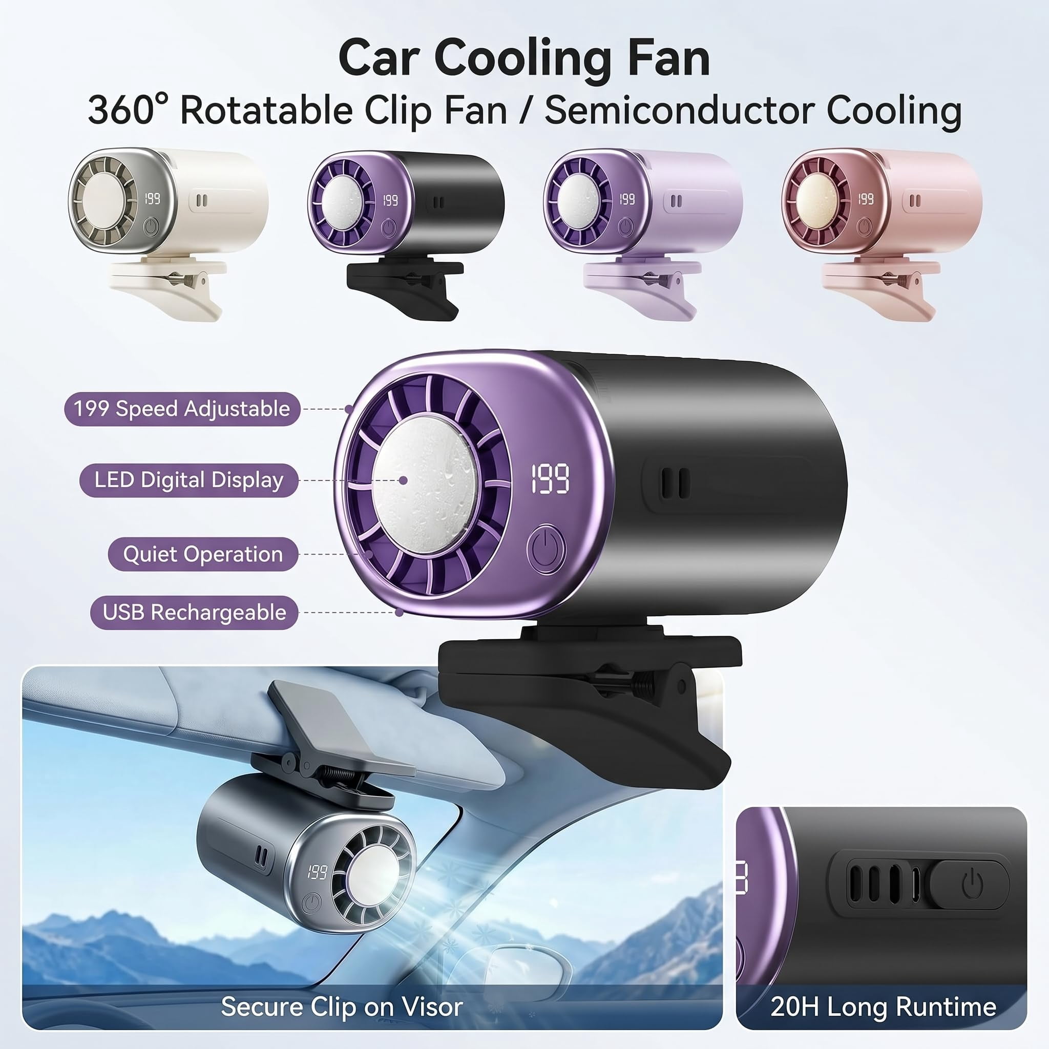 2026 Upgraded Car Clip-On Fan with LED Display, 360° Rotatable Multi-Speed Portable Cooling Fan for Vehicle & Tent