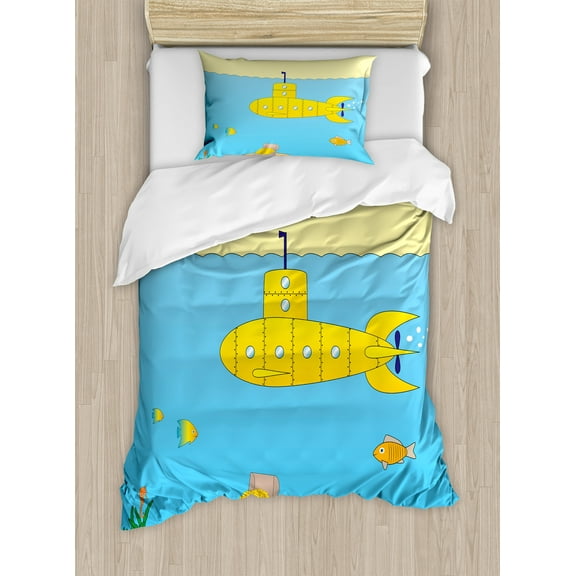Yellow Submarine Duvet Cover Set, Cartoon Under Sea Adventure Jellyfish Treasure Chest Seagull Fish, Decorative 2 Piece Bedding Set with 1 Pillow Shams, Twin Size, Blue Yellow Beige, by Ambesonne